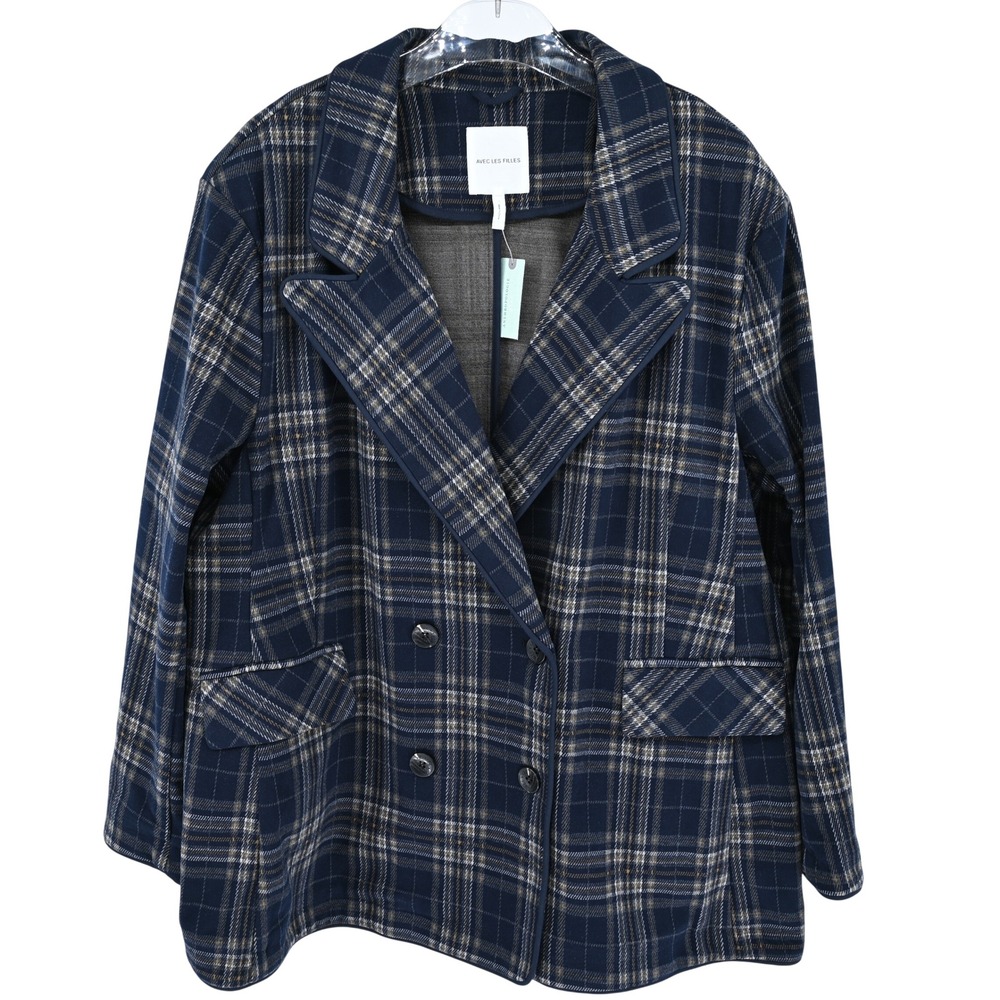 NWT Avec Les Filles Anthropologie Navy Plaid Double Breasted Blazer 2X Plus Chic